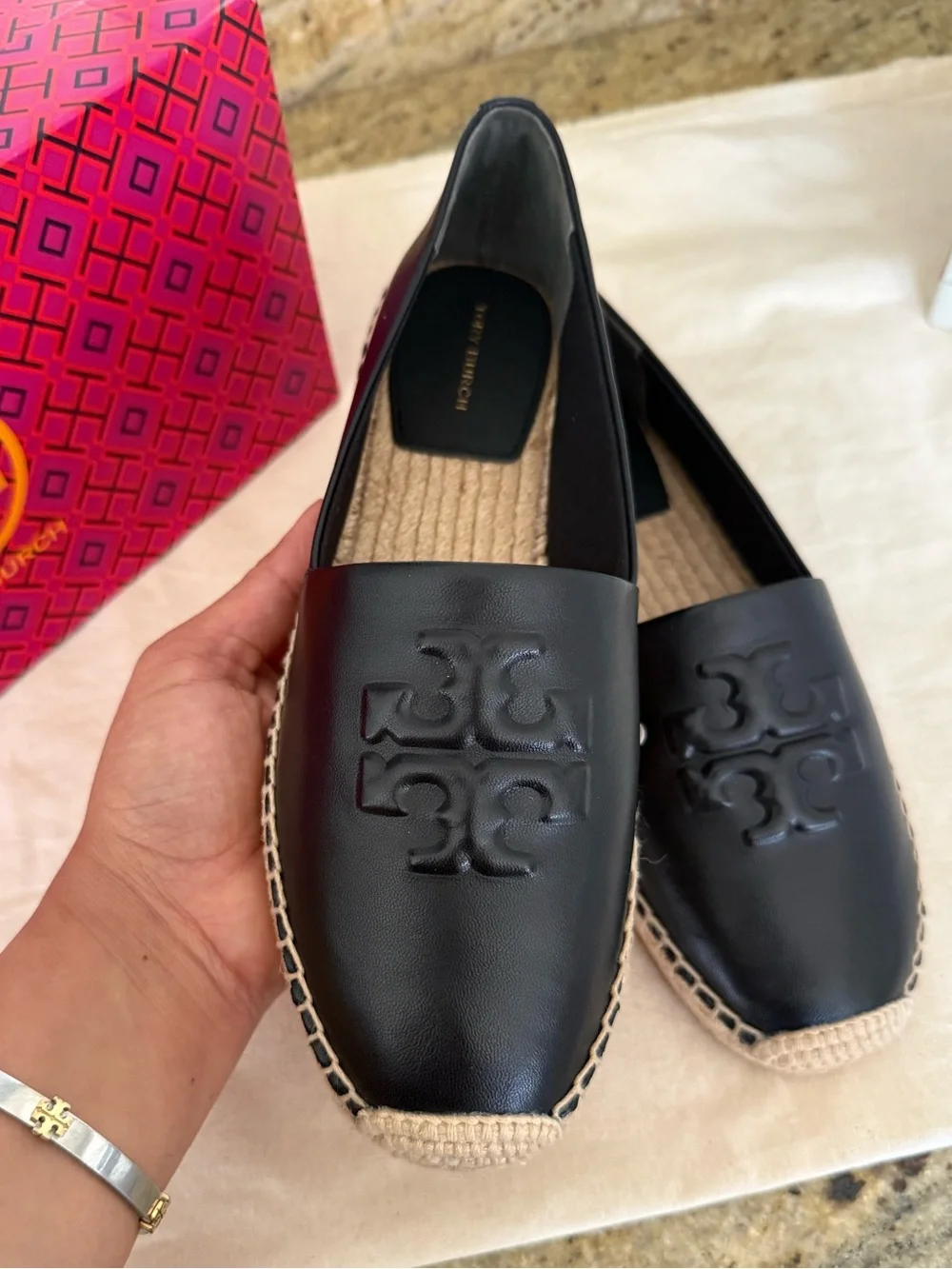Tory Burch Black Leather Espadrille Flats with Braided Jute Trim